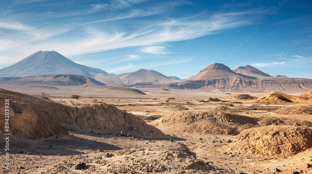Barren arid terrain with jagged worn peaks and far-off ranges beneath a cloudless sky in South America. Barren arid terrain with jagged worn peaks and far-off ranges beneath a cloudless sky in South America.