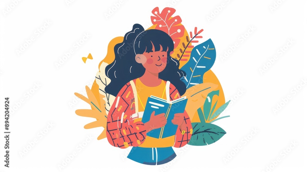 Happy Girl Reading a Book in a Colorful Nature Setting Happy Girl Reading a Book in a Colorful Nature Setting