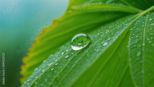 A large water droplet rests on a green leaf, surrounded by smaller droplets, reflecting the surrounding foliage