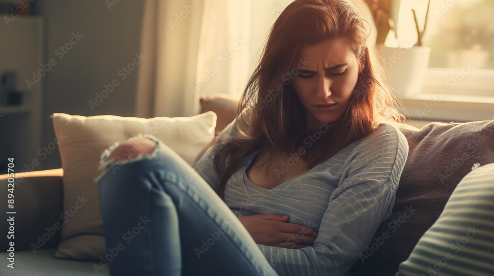 Woman with stomach pain sitting on sofa holding stomach with expression of suffering Woman with stomach pain sitting on sofa holding stomach with expression of suffering