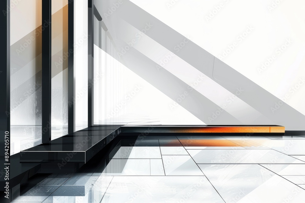 An abstract architectural design of a modern building with a glass facade and a geometric platform An abstract architectural design of a modern building with a glass facade and a geometric platform