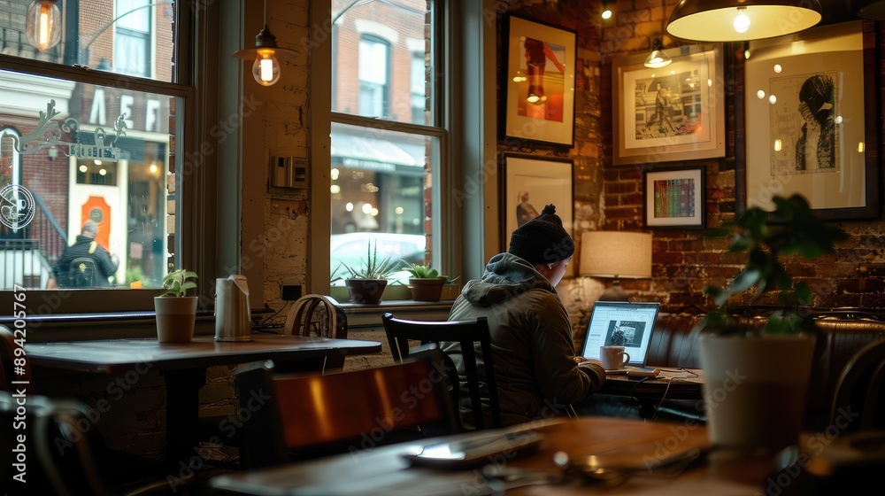 Cozy Cafe with Person Working on Laptop by Window Cozy Cafe with Person Working on Laptop by Window