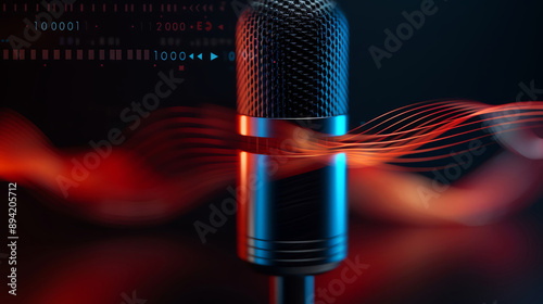 High-tech podcasting mic, abstract waveforms, digital editing tools, 3D rendering, Realistic textures, Soft shadows