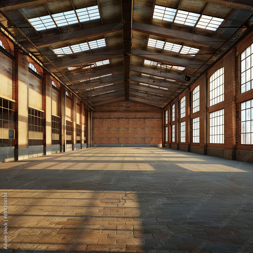 An empty warehouse with large windows and a spacious interior. An empty warehouse with large windows and a spacious interior.