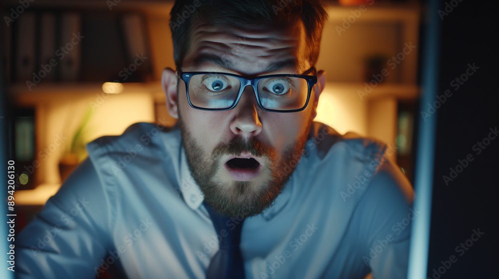 Office worker in shock, staring at computer screen with wide eyes. Strong expression of surprise or disbelief in dimly lit workspace. Moment of unexpected news or dramatic events in the workplace Office worker in shock, staring at computer screen with wide eyes. Strong expression of surprise or disbelief in dimly lit workspace. Moment of unexpected news or dramatic events in the workplace