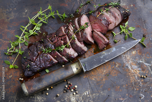 Hearty traditional barbecue aged venison backstrap roast sliced with fresh herbs on a large knife photo