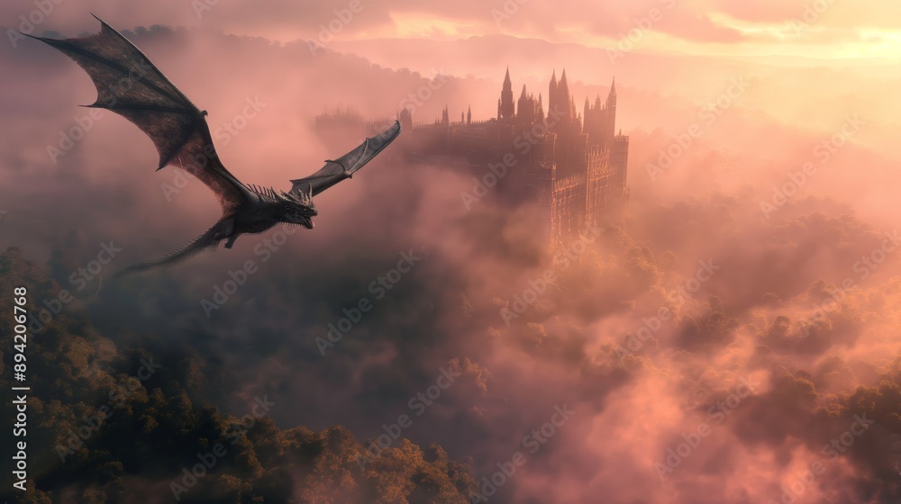 Obraz premium Majestic Dragon Flying Over Misty Landscape with Castle at Sunrise for Fantasy Adventure Poster Design