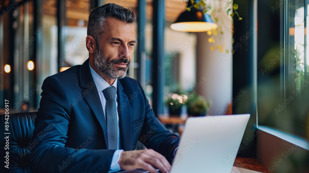 A seasoned businessman uses his laptop to participate in a video conference or webinar for professional development or business discussions. A seasoned businessman uses his laptop to participate in a video conference or webinar for professional development or business discussions.