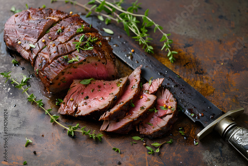 Rustic presentation of traditional barbecue aged venison backstrap roast sliced with fresh herbs photo