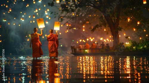 On Loi Krathong or Loy Krathong day, inexperienced monks release paper lanterns into the sky, a significant event for Thai culture. photo