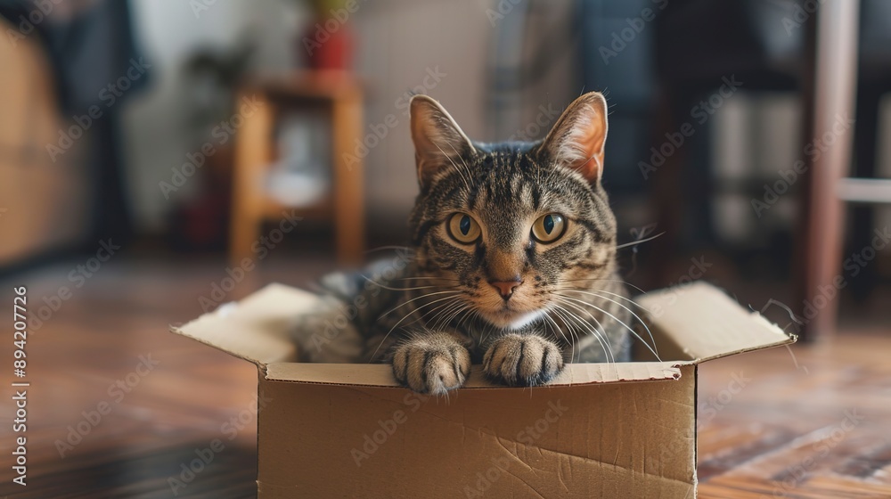 cute grey tabby cat in cardboard box on floor at home cute grey tabby cat in cardboard box on floor at home