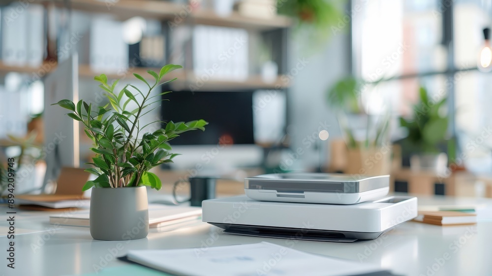 Sleek office with a sophisticated scanning system digitizing documents efficiently. Sleek office with a sophisticated scanning system digitizing documents efficiently.