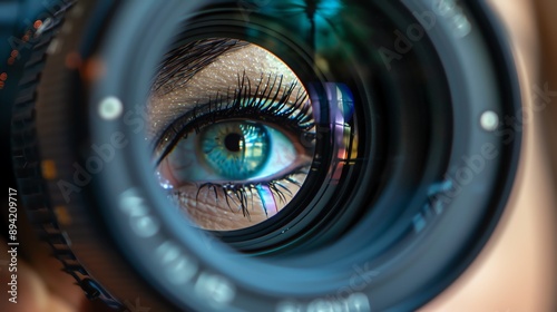 Closeup of a womans eye behind a camera lens