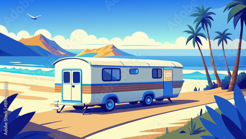 camping, rv, travel, camper, caravan, train, car, motorhome, trailer, transportation, truck, transport, road, a vintage trailer stands in profile in the distance on the ocean shore, in a surf camp.