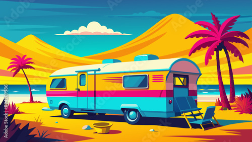 camping, rv, travel, camper, caravan, train, car, motorhome, trailer, transportation, truck, transport, road, a vintage trailer stands in profile in the distance on the ocean shore, in a surf camp.