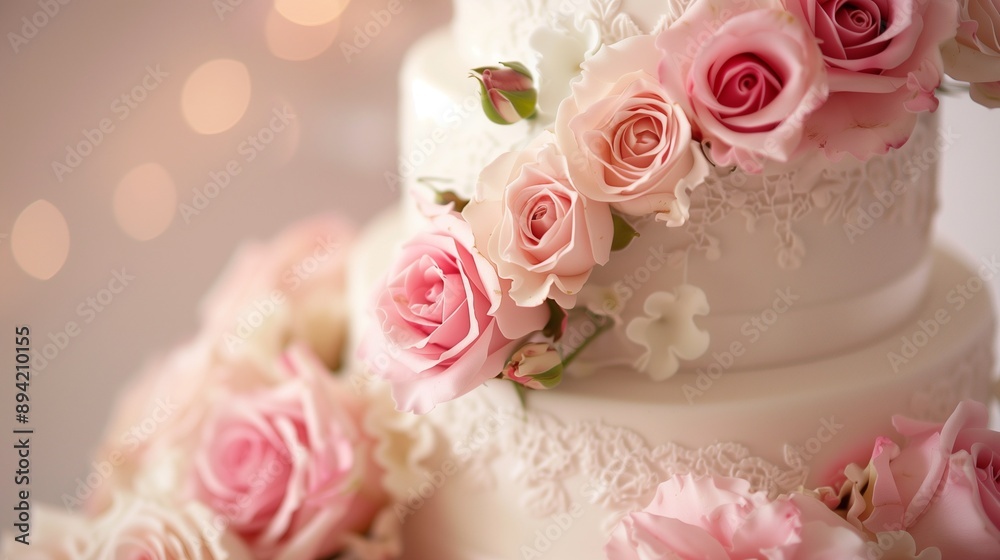 An elegant three-tier wedding cake adorned with delicate pink roses.
An elegant three-tier wedding cake adorned with delicate pink roses.