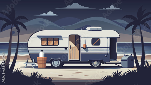 camping, rv, travel, camper, caravan, train, car, motorhome, trailer, transportation, truck, transport, road, a vintage trailer stands in profile in the distance on the ocean shore, in a surf camp.
