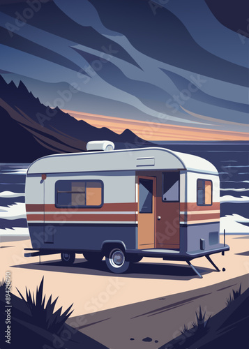 camping, rv, travel, camper, caravan, train, car, motorhome, trailer, transportation, truck, transport, road, a vintage trailer stands in profile in the distance on the ocean shore, in a surf camp.