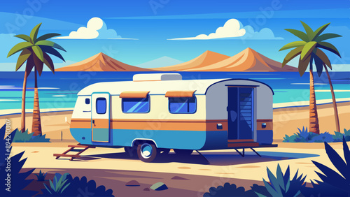 camping, rv, travel, camper, caravan, train, car, motorhome, trailer, transportation, truck, transport, road, a vintage trailer stands in profile in the distance on the ocean shore, in a surf camp.