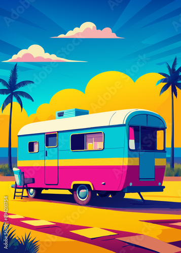 camping, rv, travel, camper, caravan, train, car, motorhome, trailer, transportation, truck, transport, road, a vintage trailer stands in profile in the distance on the ocean shore, in a surf camp.