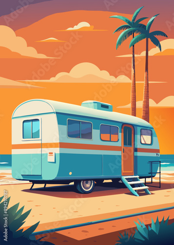 camping, rv, travel, camper, caravan, train, car, motorhome, trailer, transportation, truck, transport, road, a vintage trailer stands in profile in the distance on the ocean shore, in a surf camp.