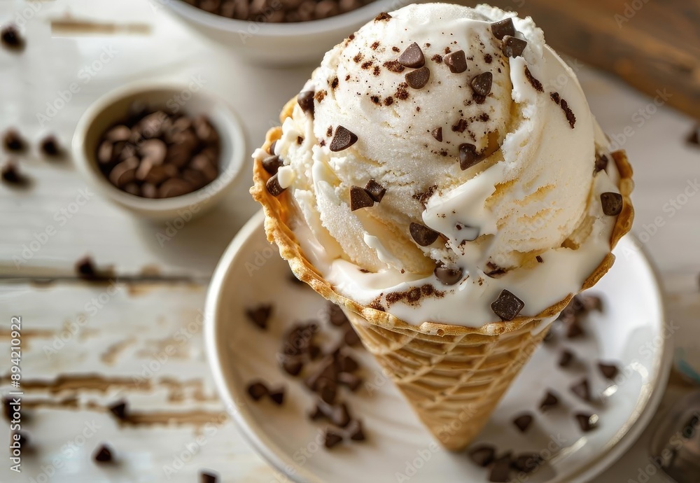 Delicious creamy vanilla ice cream in a waffle cone topped with chocolate sprinkles on a rustic wooden table. Delicious creamy vanilla ice cream in a waffle cone topped with chocolate sprinkles on a rustic wooden table.