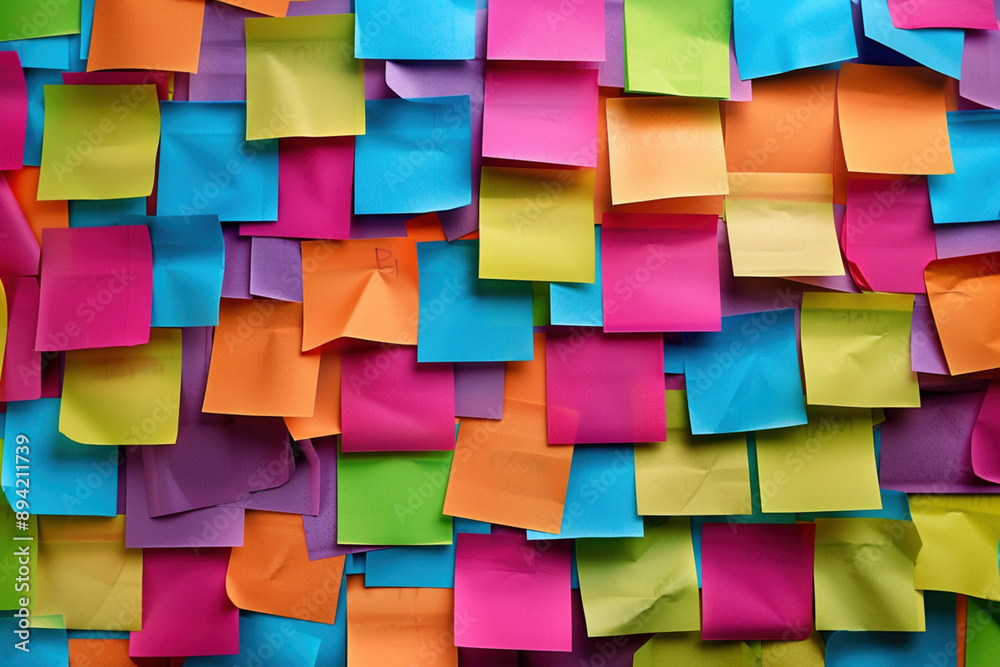 Bunch of colorful stickers on the wall. Business and recording urgent matters, time management, priority in tasks and responsibilities, daily tasks so as not to forget anything memory