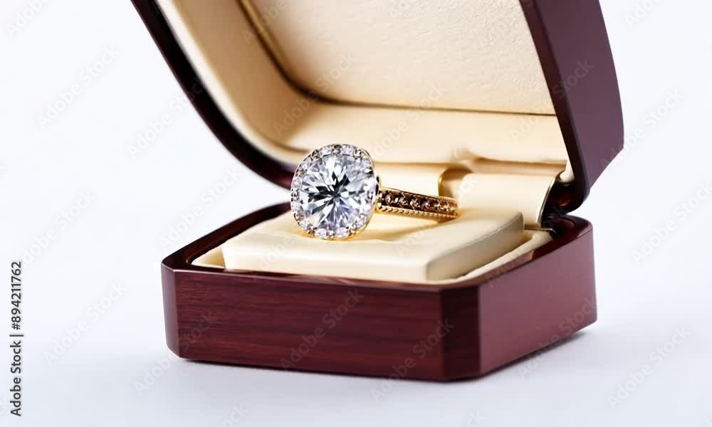 An exquisite wedding ring showcased in a jewelry box. Antique piece on a white background. Rotating jewelry box, closeup, studio shot. An exquisite wedding ring showcased in a jewelry box. Antique piece on a white background. Rotating jewelry box, closeup, studio shot.