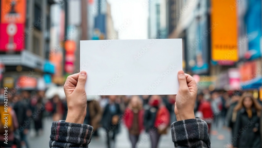 Hands Holding Blank Paper in Busy City Hands Holding Blank Paper in Busy City
