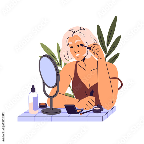 Young woman does makeup, visage with mirror. Girl makes up eyes, applies mascara on eyelashes with brush. Decorative cosmetics, beauty products. Flat isolated vector illustration on white background