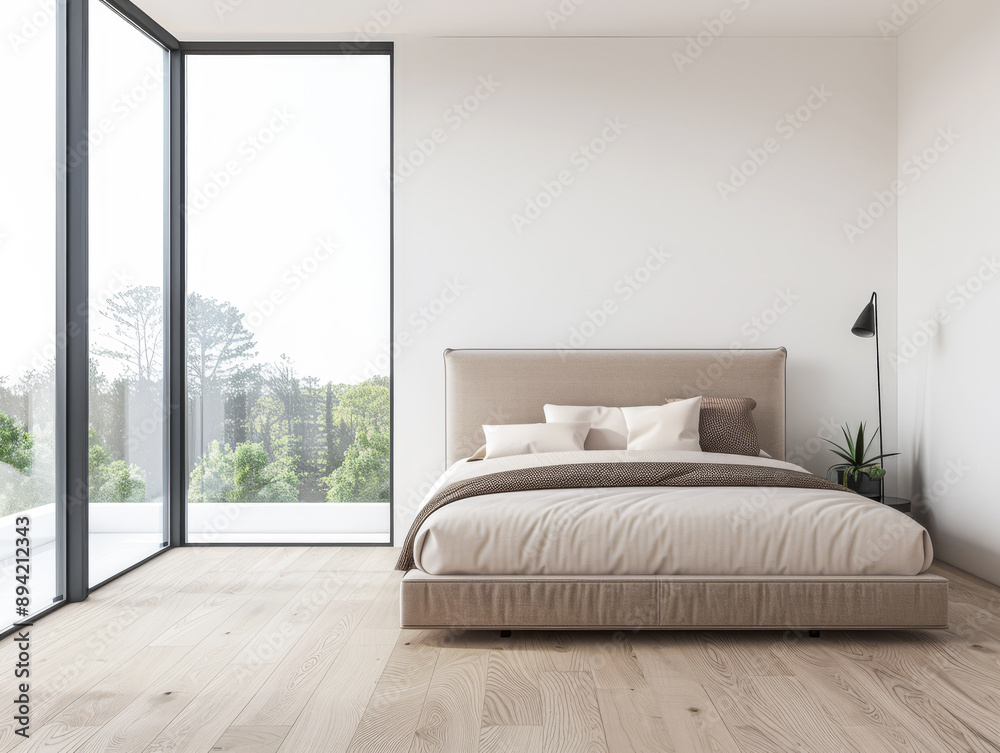 Fototapeta premium Modern bedroom interiors composition with a bed next to a large window and neutral colors. Apartment resting spaces with copy space.