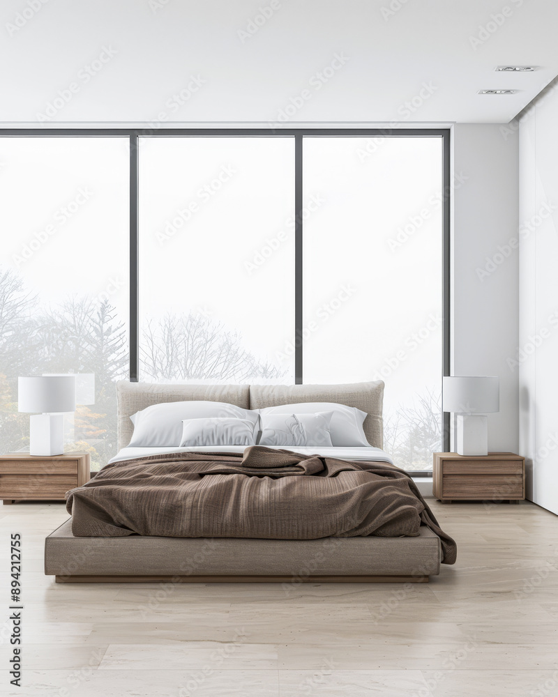 Fototapeta premium Modern bedroom interiors composition with a bed next to a large window and neutral colors. Apartment resting spaces with copy space.