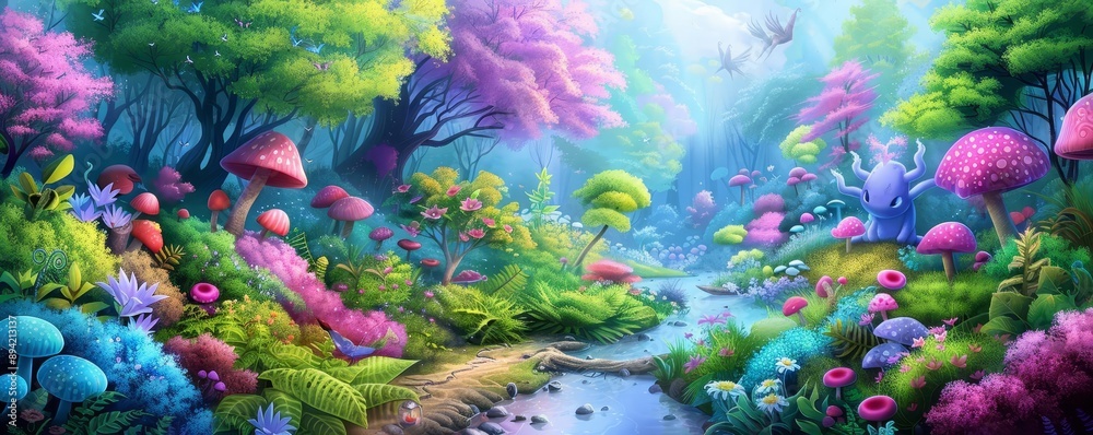Fototapeta premium Whimsical fantasy scene with magical creatures and enchanted forest, whimsical digital fantasy illustration, fairy tale world