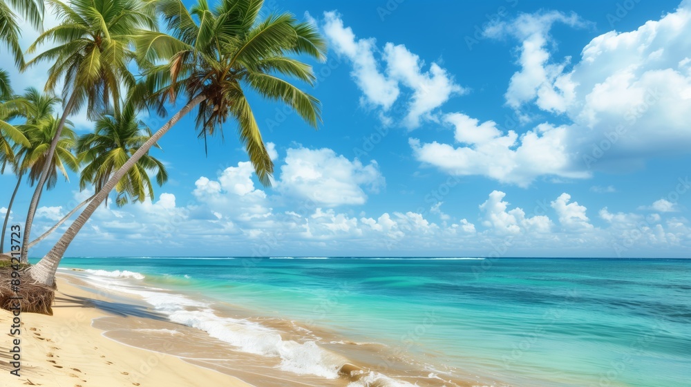 A tropical beach with swaying palms and turquoise water invites tranquility and adventure. A tropical beach with swaying palms and turquoise water invites tranquility and adventure.