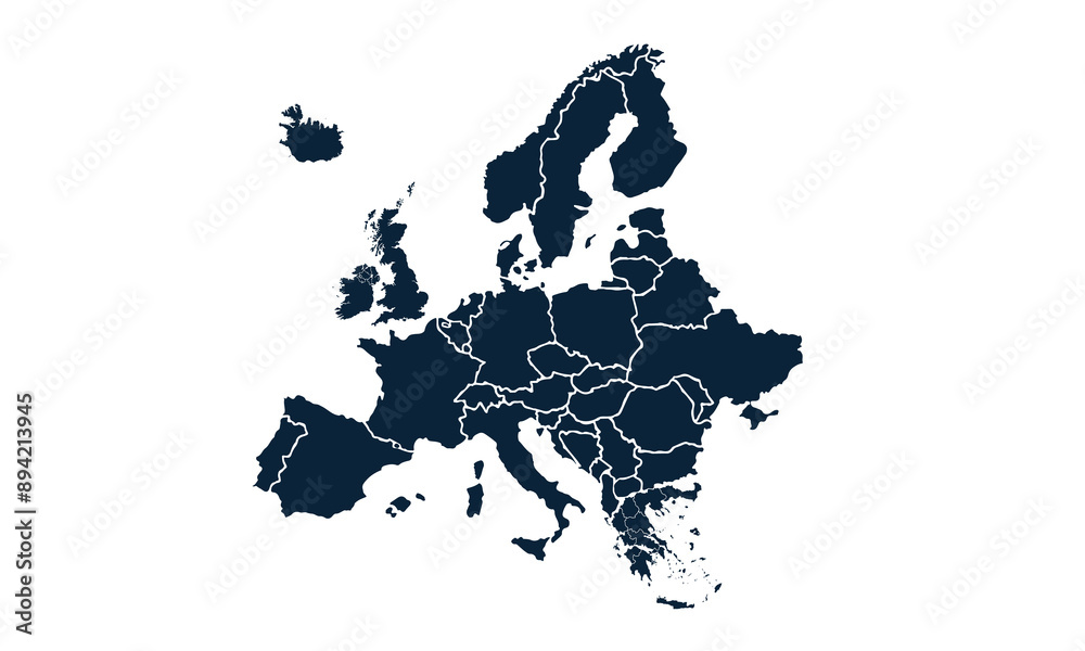 Obraz premium Europe map with individual colors,isolated on white background for website layouts,background,education, precise,customizable,Travel worldwide,map silhouette backdrop,earth geography, political,report