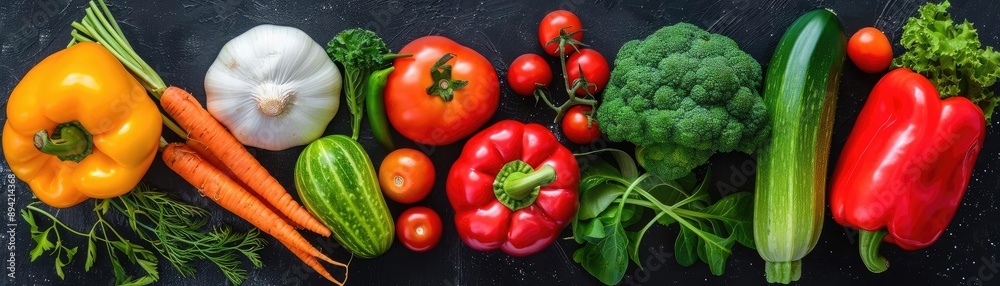 Top view of various fresh vegetables on dark background, including bell pepper, carrot, tomato, broccoli, cucumber, and lettuce. Top view of various fresh vegetables on dark background, including bell pepper, carrot, tomato, broccoli, cucumber, and lettuce.