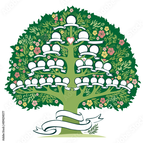 Family genealogic tree. Parents and grandparents, children.  Genealogy, pedigree.  Cartoon character. Family tree with portraits and place for text.  Family Tree template vector illustration