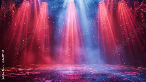 Abstract background with stage lights, dark room for product presentation. Showroom with spotlight and starry sky. Background for display of products on stage in the theater or studio © rafliand