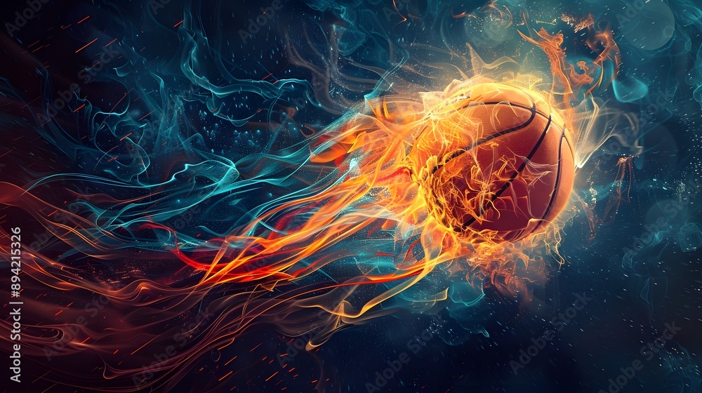 Vector illustration of a basketball on fire, with a dynamic dark background, a flaming basketball, energy around. Vector illustration of a basketball on fire, with a dynamic dark background, a flaming basketball, energy around.
