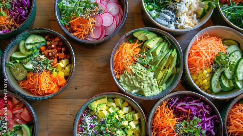 Colorful Fresh Vegetable Salads in Bowls - Overhead View Colorful Fresh Vegetable Salads in Bowls - Overhead View