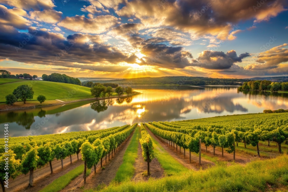 Naklejka premium Peaceful morning scene at vineyard overlooking tranquil lake, with lush green grapevines basking in warm golden light, serene clouds reflecting off calm waters.
