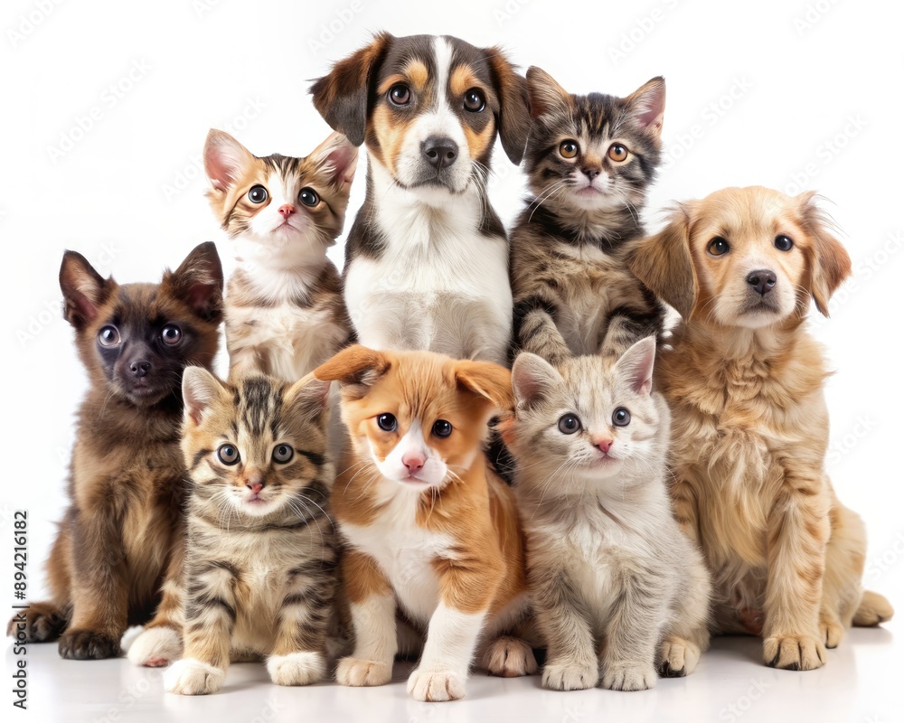 Obraz premium Adorable assortment of puppies and kittens in various breeds and ages, isolated on a clean white background, showcasing their unique features and playful personalities.