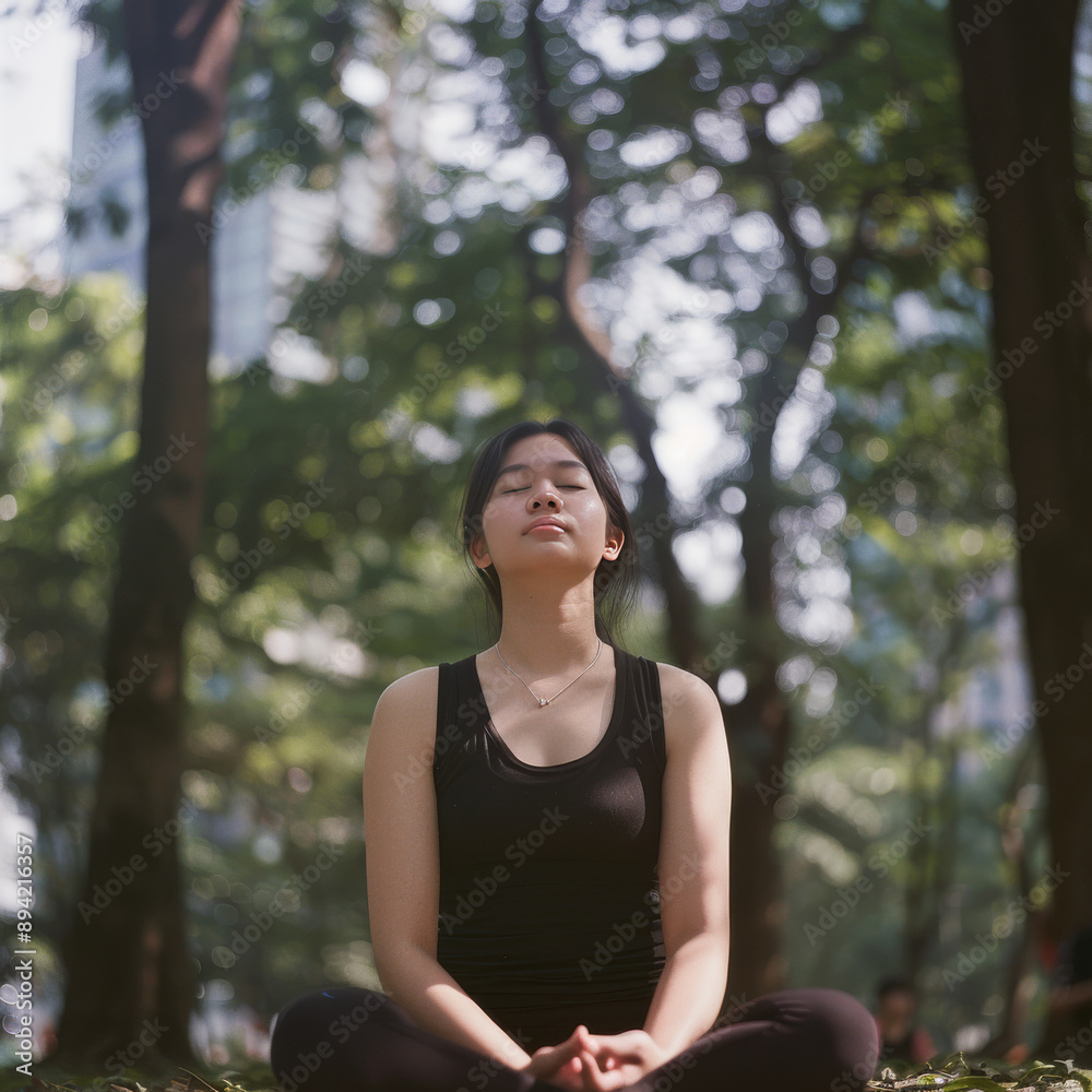 A young Asian woman practices meditation in a park, finding peace and relaxation amidst the city's hustle and bustle. Her yoga routine promotes mindfulness, reduces stress. A young Asian woman practices meditation in a park, finding peace and relaxation amidst the city's hustle and bustle. Her yoga routine promotes mindfulness, reduces stress.