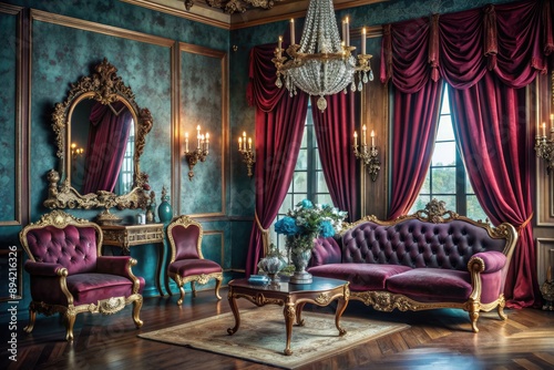 Elegant Victorian-era inspired studio setup with ornate decorations, velvet drapes, and antique furniture, evoking nostalgia and luxury in a bygone era.