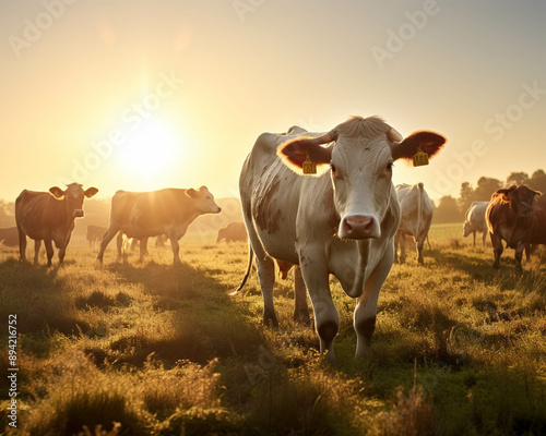 Cows grazing on a pasture during sunrise, with the golden light illuminating the landscape. Tranquil rural scene of agricultural life.