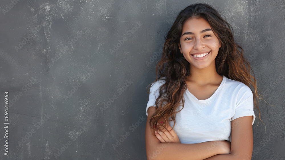A young Latin woman with a cheerful smile poses with her arms crossed against a gray wall. The photo provides ample space for adding text or logos. A young Latin woman with a cheerful smile poses with her arms crossed against a gray wall. The photo provides ample space for adding text or logos.