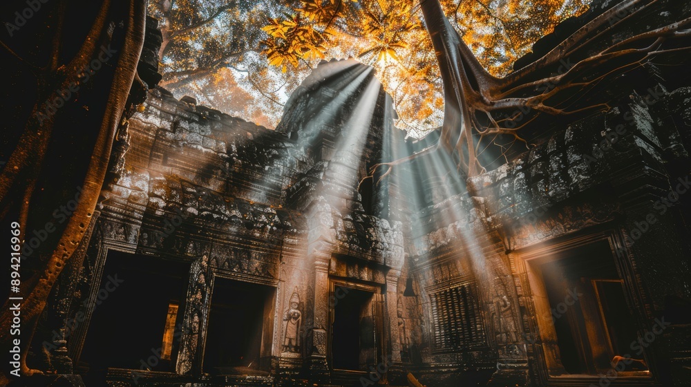 Naklejka premium Majestic Ancient Temple Covered in Overgrowth - Low Angle Shot (High Fidelity)