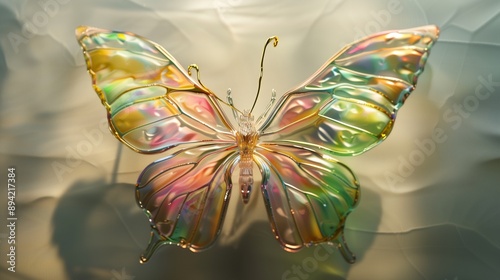 An enchanting, super realistic painting of a delicate butterfly on the surface of glass, capturing every intricate detail of its wings with vibrant colors.
