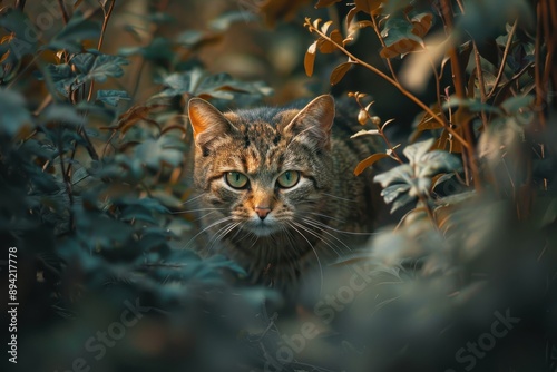 A charming image of a European wildcat stealthily moving through a dense forest underbrush. © Nico