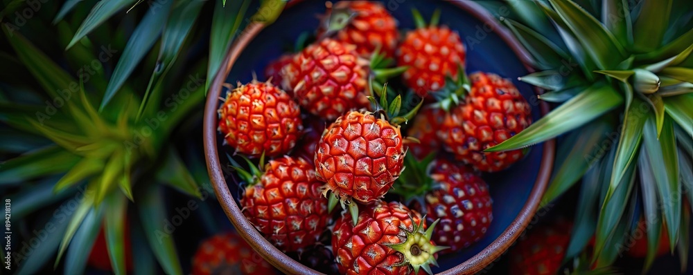 Close-up of a bowl filled with vibrant, red pitanga berries surrounded by lush green leaves. Fresh, organic and exotic tropical fruits. Close-up of a bowl filled with vibrant, red pitanga berries surrounded by lush green leaves. Fresh, organic and exotic tropical fruits.